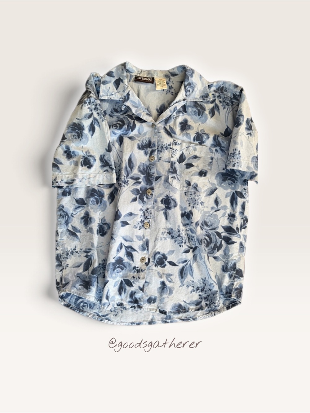 VINTAGE 90s Liz Thomas Blue Floral Blouse Women’s M 100% Cotton Made in Turkey
